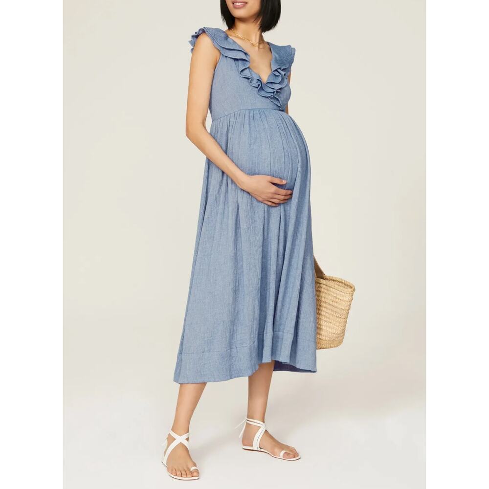 Hatch Collection Sarah Dress Steel Blue Ruffle Gauze Smocked Maternity SZ XL